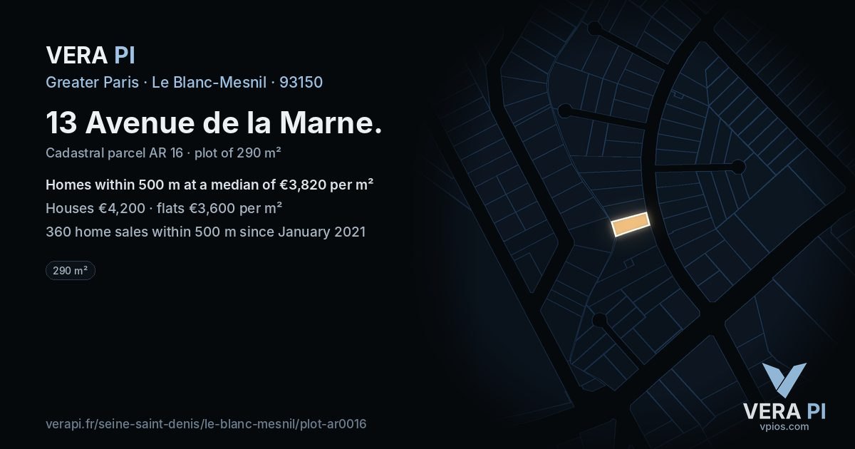 13 Avenue de la Marne, Le Blanc-Mesnil at night – the plot lit, the parcels around coloured by the prices near them