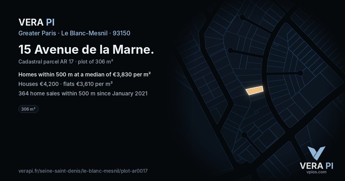 15 Avenue de la Marne, Le Blanc-Mesnil at night – the plot lit, the parcels around coloured by the prices near them