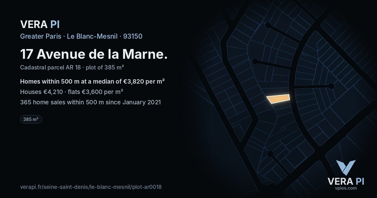 17 Avenue de la Marne, Le Blanc-Mesnil at night – the plot lit, the parcels around coloured by the prices near them