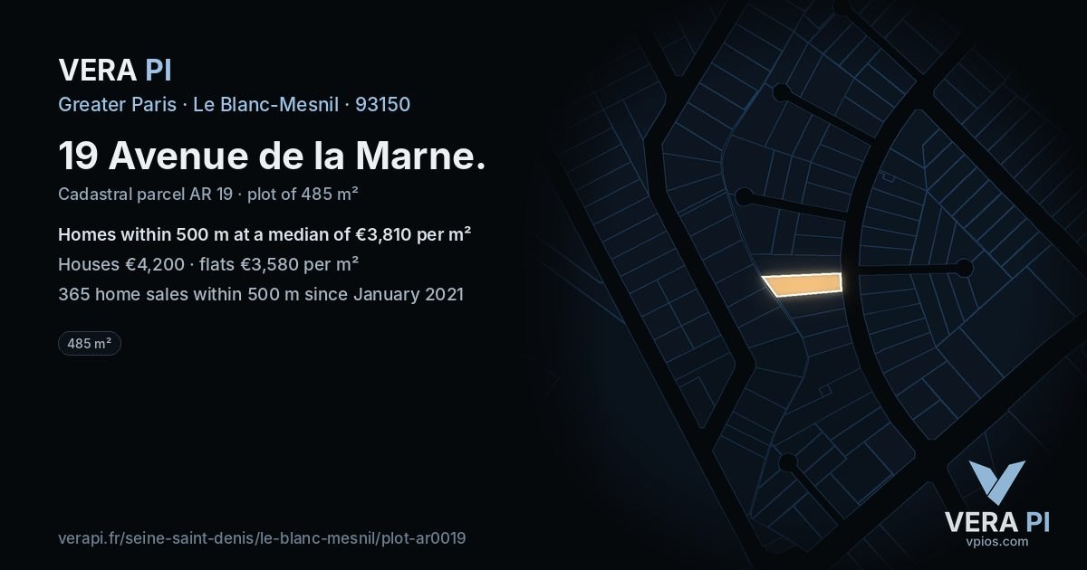 19 Avenue de la Marne, Le Blanc-Mesnil at night – the plot lit, the parcels around coloured by the prices near them