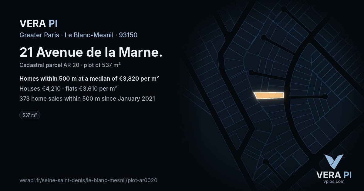 21 Avenue de la Marne, Le Blanc-Mesnil at night – the plot lit, the parcels around coloured by the prices near them