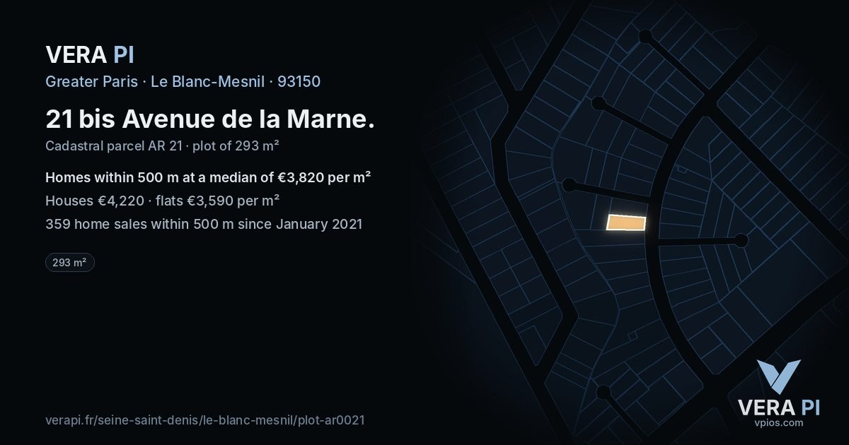 21 bis Avenue de la Marne, Le Blanc-Mesnil at night – the plot lit, the parcels around coloured by the prices near them