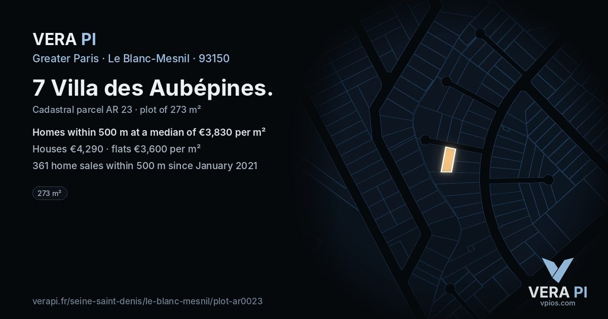 7 Villa des Aubépines, Le Blanc-Mesnil at night – the plot lit, the parcels around coloured by the prices near them