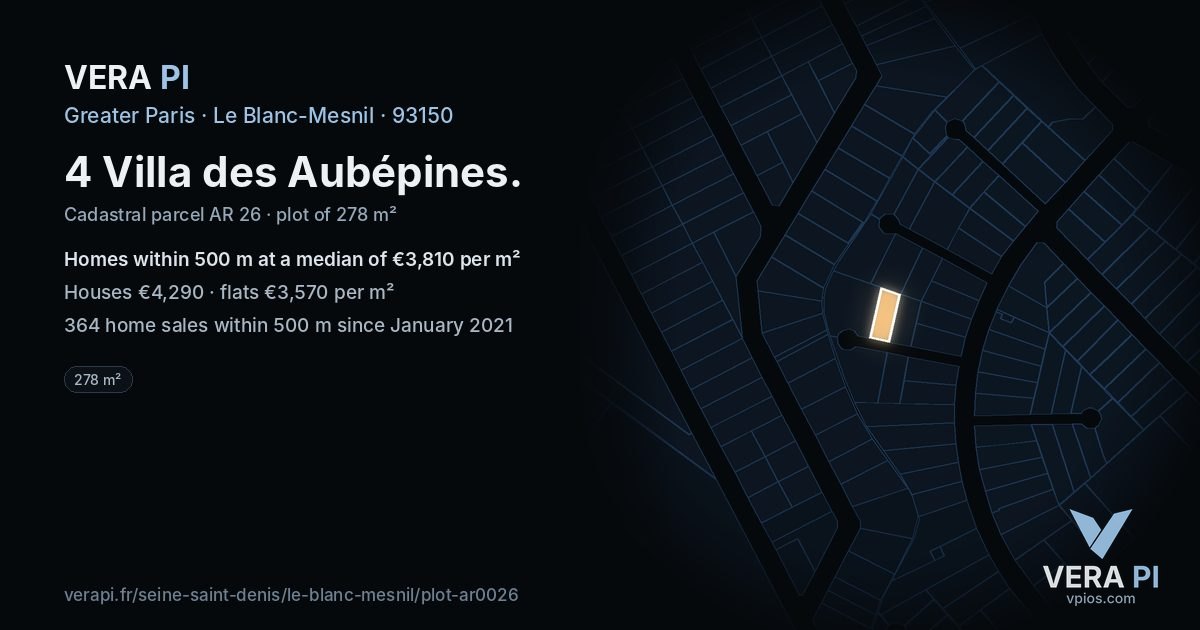 4 Villa des Aubépines, Le Blanc-Mesnil at night – the plot lit, the parcels around coloured by the prices near them