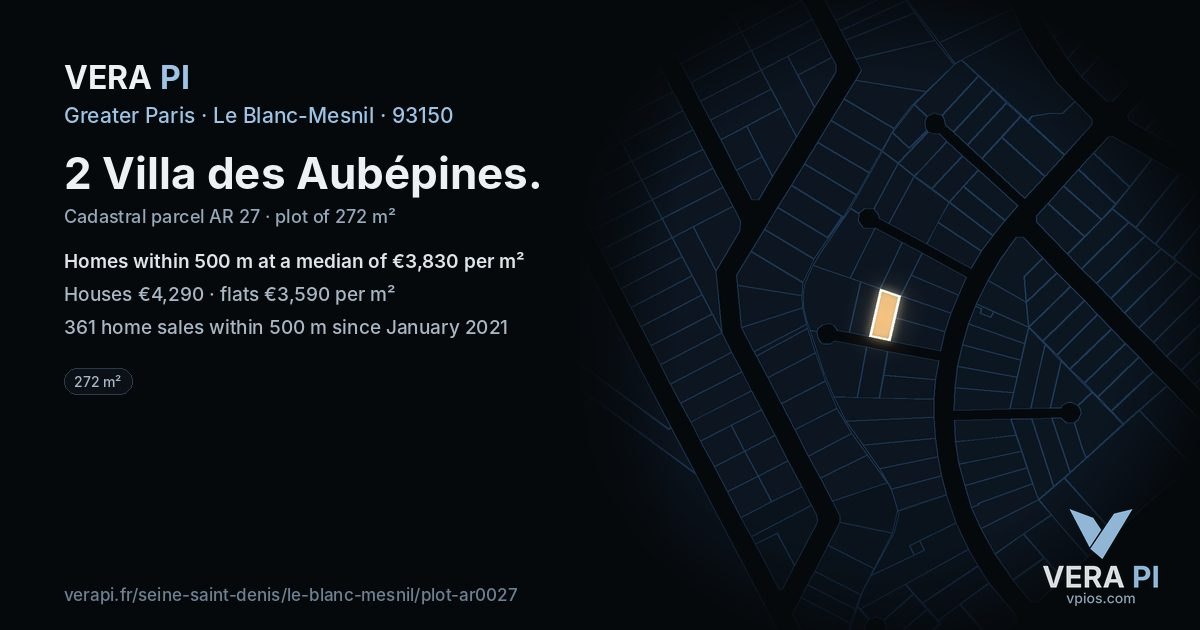 2 Villa des Aubépines, Le Blanc-Mesnil at night – the plot lit, the parcels around coloured by the prices near them