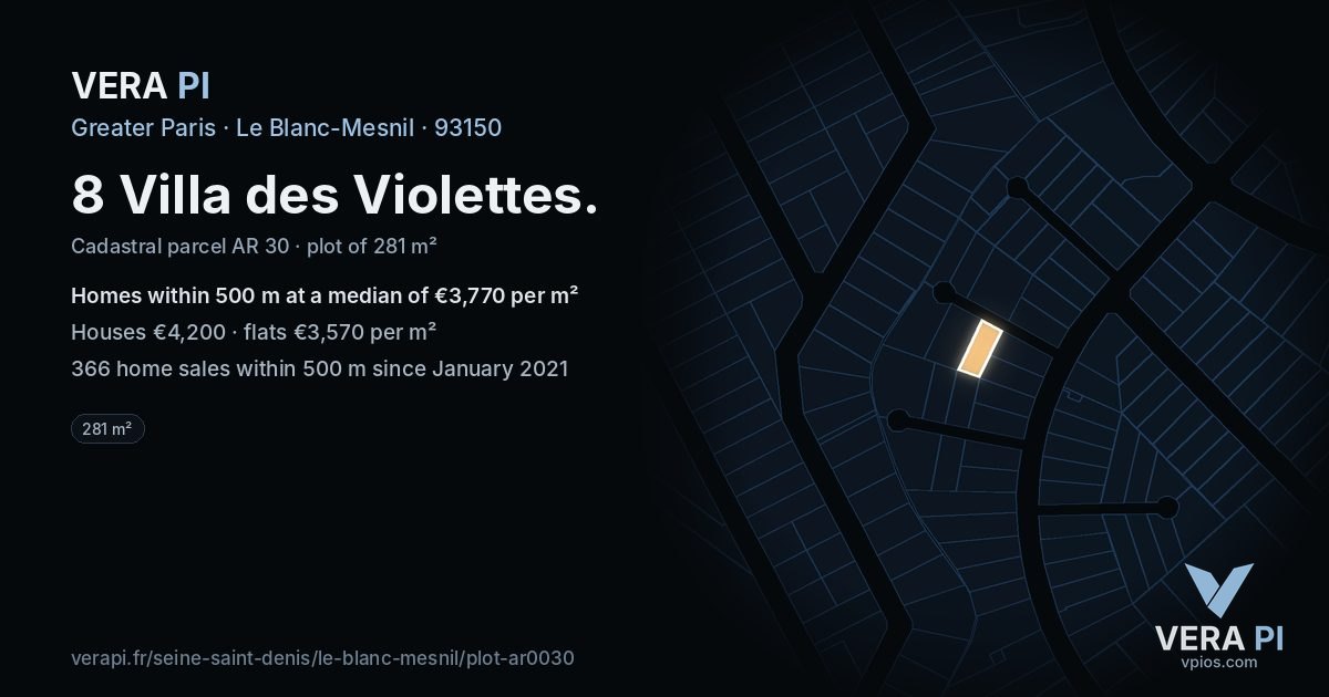 8 Villa des Violettes, Le Blanc-Mesnil at night – the plot lit, the parcels around coloured by the prices near them
