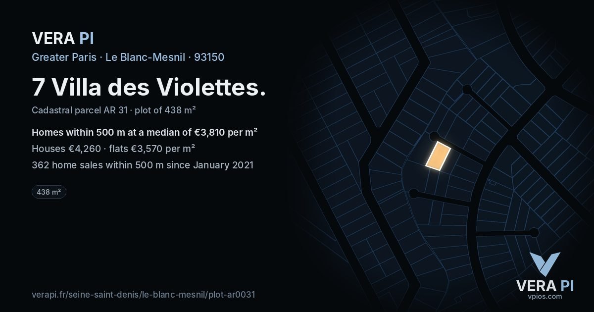 7 Villa des Violettes, Le Blanc-Mesnil at night – the plot lit, the parcels around coloured by the prices near them