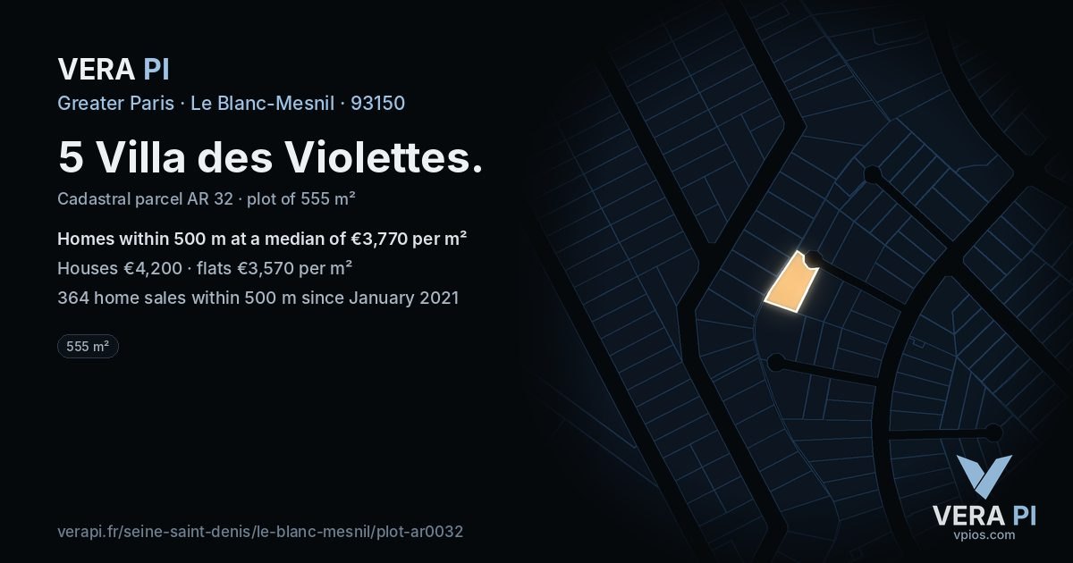 5 Villa des Violettes, Le Blanc-Mesnil at night – the plot lit, the parcels around coloured by the prices near them
