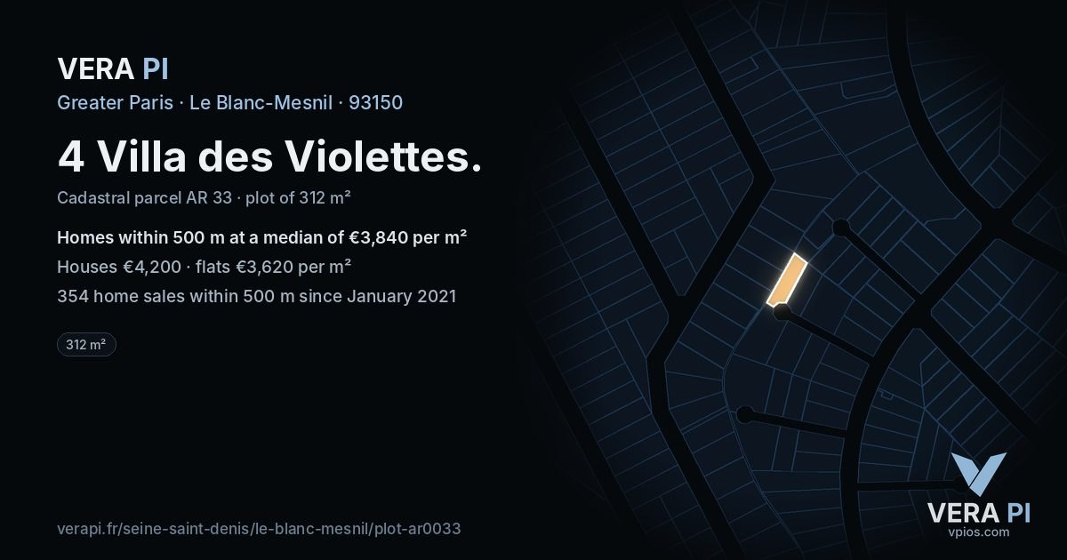 4 Villa des Violettes, Le Blanc-Mesnil at night – the plot lit, the parcels around coloured by the prices near them