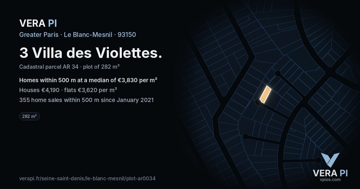 3 Villa des Violettes, Le Blanc-Mesnil at night – the plot lit, the parcels around coloured by the prices near them