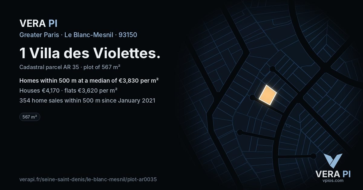 1 Villa des Violettes, Le Blanc-Mesnil at night – the plot lit, the parcels around coloured by the prices near them