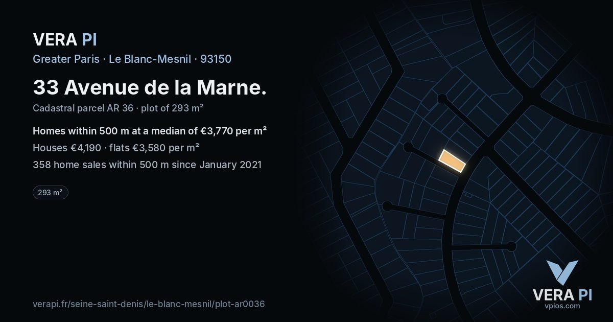 33 Avenue de la Marne, Le Blanc-Mesnil at night – the plot lit, the parcels around coloured by the prices near them