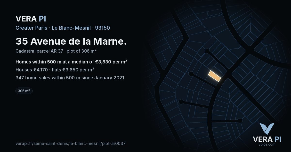 35 Avenue de la Marne, Le Blanc-Mesnil at night – the plot lit, the parcels around coloured by the prices near them