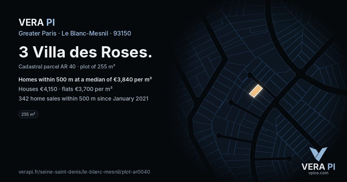 3 Villa des Roses, Le Blanc-Mesnil at night – the plot lit, the parcels around coloured by the prices near them