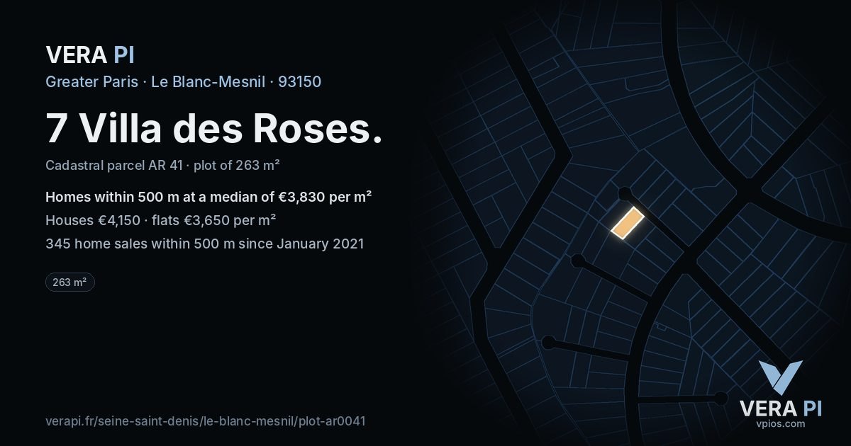 7 Villa des Roses, Le Blanc-Mesnil at night – the plot lit, the parcels around coloured by the prices near them