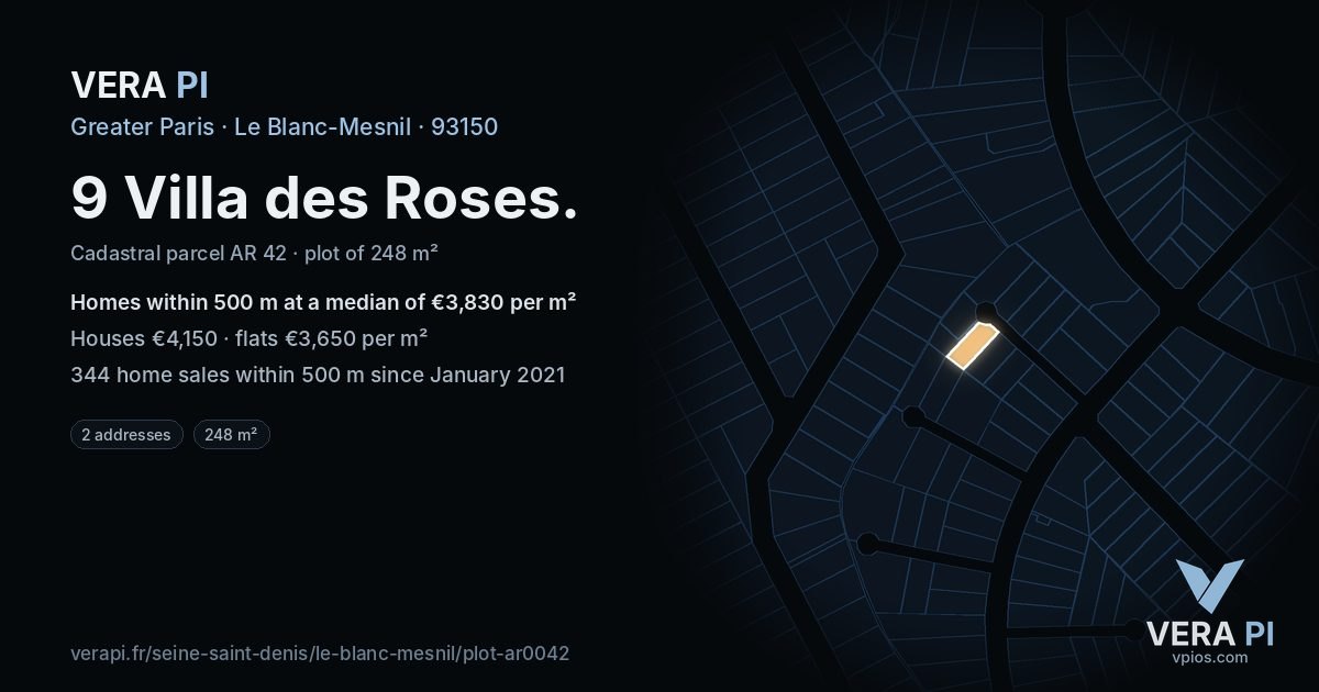 9 Villa des Roses, Le Blanc-Mesnil at night – the plot lit, the parcels around coloured by the prices near them