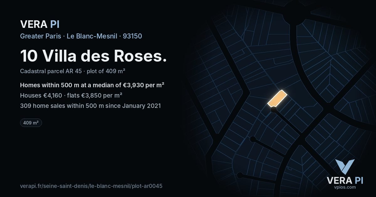 10 Villa des Roses, Le Blanc-Mesnil at night – the plot lit, the parcels around coloured by the prices near them