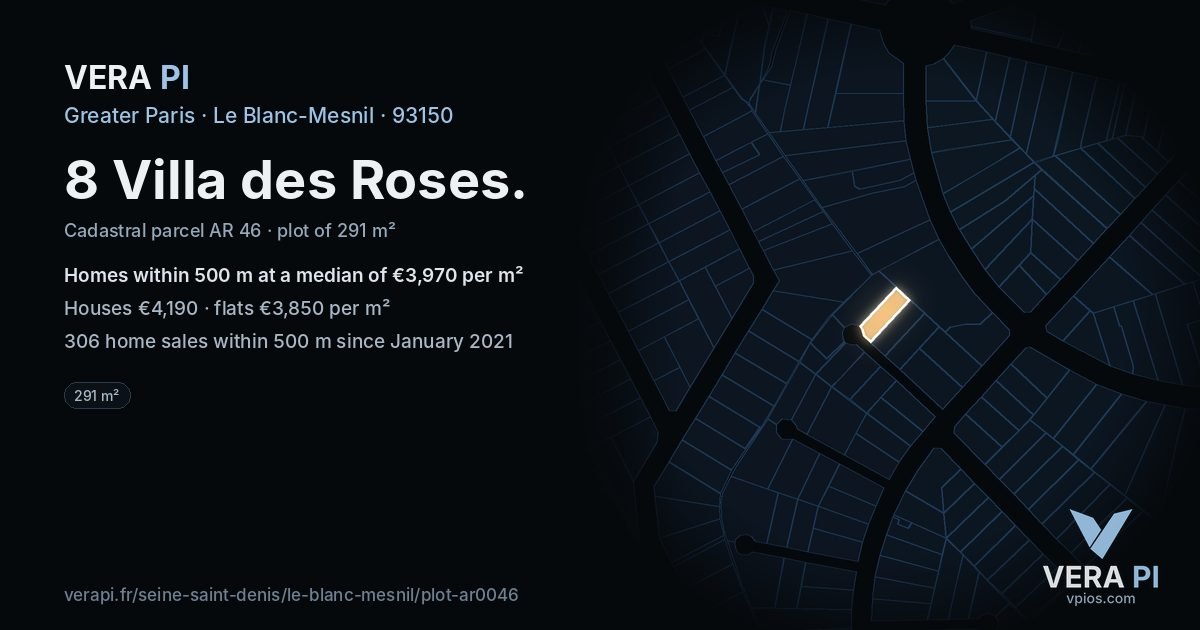 8 Villa des Roses, Le Blanc-Mesnil at night – the plot lit, the parcels around coloured by the prices near them