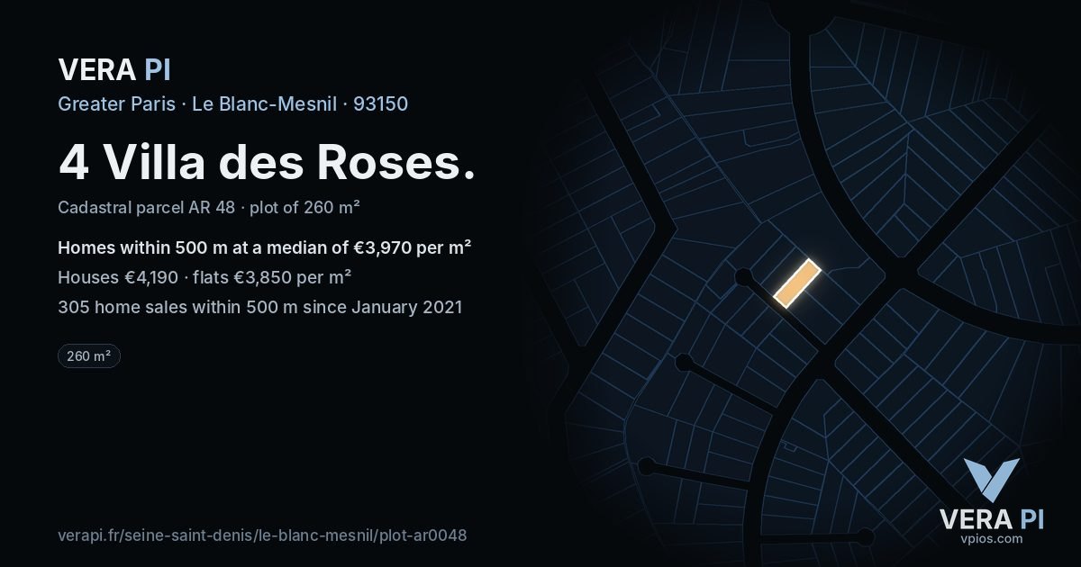 4 Villa des Roses, Le Blanc-Mesnil at night – the plot lit, the parcels around coloured by the prices near them
