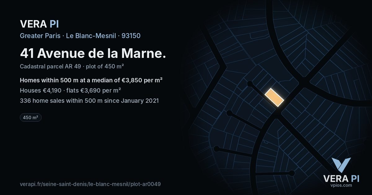 41 Avenue de la Marne, Le Blanc-Mesnil at night – the plot lit, the parcels around coloured by the prices near them