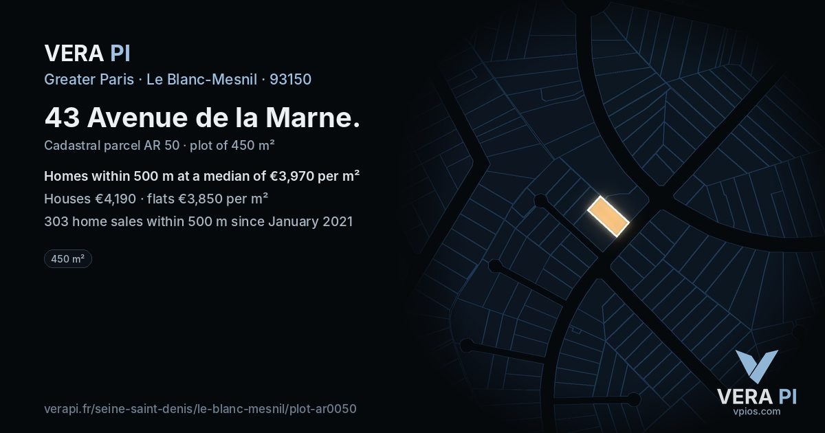 43 Avenue de la Marne, Le Blanc-Mesnil at night – the plot lit, the parcels around coloured by the prices near them