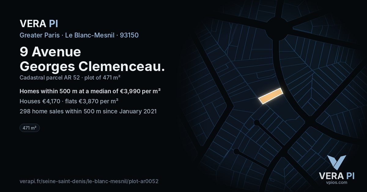 9 Avenue Georges Clemenceau, Le Blanc-Mesnil at night – the plot lit, the parcels around coloured by the prices near them