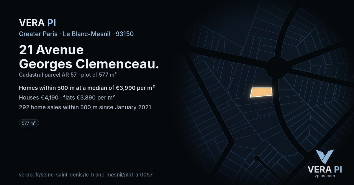 21 Avenue Georges Clemenceau, Le Blanc-Mesnil at night – the plot lit, the parcels around coloured by the prices near them