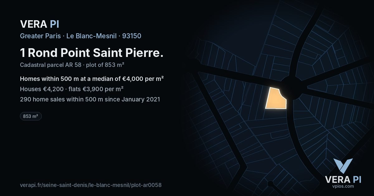 1 Rond Point Saint Pierre, Le Blanc-Mesnil at night – the plot lit, the parcels around coloured by the prices near them