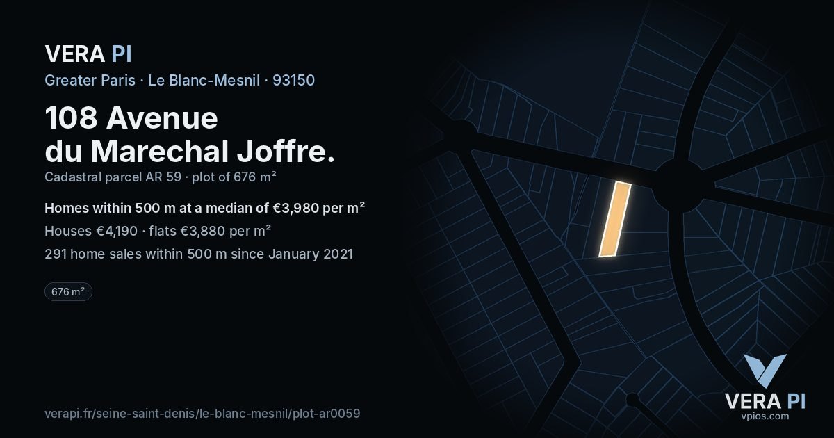 108 Avenue du Marechal Joffre, Le Blanc-Mesnil at night – the plot lit, the parcels around coloured by the prices near them