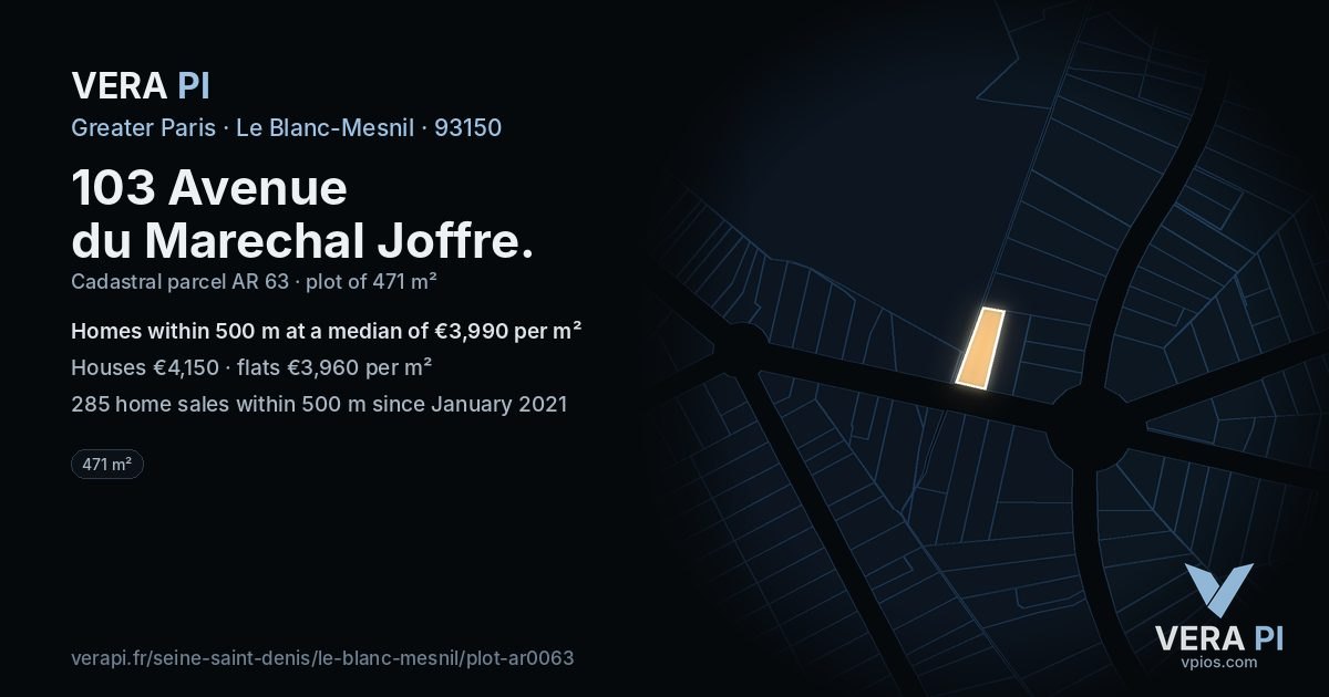 103 Avenue du Marechal Joffre, Le Blanc-Mesnil at night – the plot lit, the parcels around coloured by the prices near them