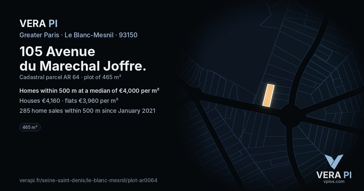 105 Avenue du Marechal Joffre, Le Blanc-Mesnil at night – the plot lit, the parcels around coloured by the prices near them