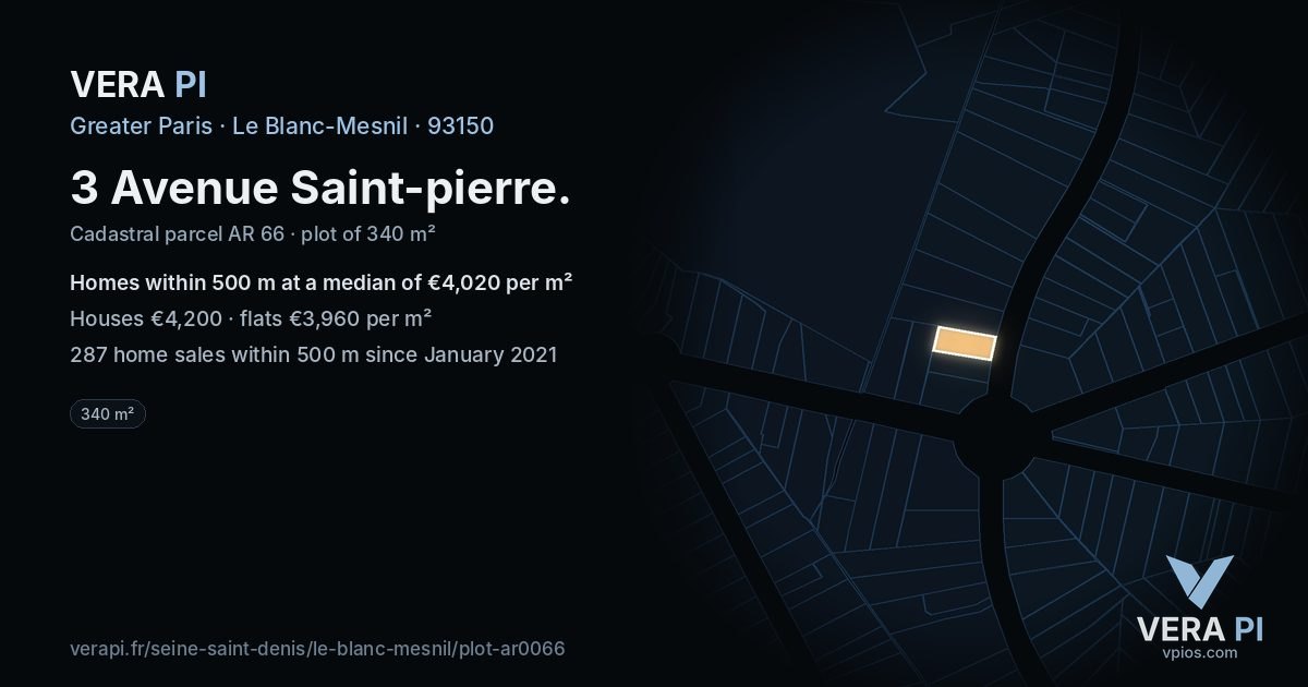 3 Avenue Saint-pierre, Le Blanc-Mesnil at night – the plot lit, the parcels around coloured by the prices near them