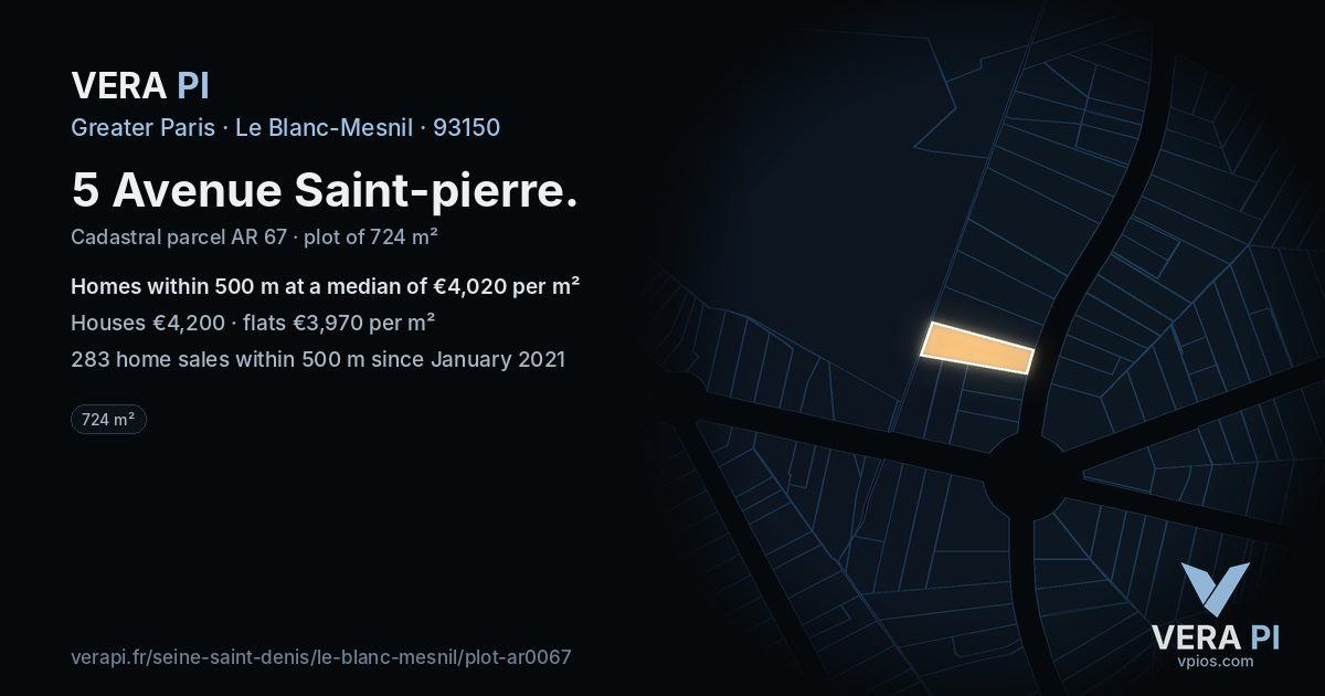 5 Avenue Saint-pierre, Le Blanc-Mesnil at night – the plot lit, the parcels around coloured by the prices near them