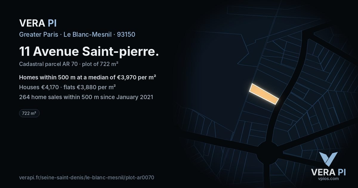 11 Avenue Saint-pierre, Le Blanc-Mesnil at night – the plot lit, the parcels around coloured by the prices near them