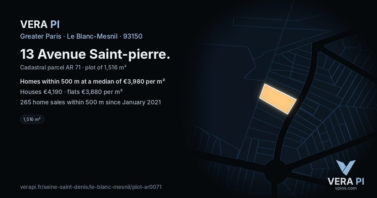13 Avenue Saint-pierre, Le Blanc-Mesnil at night – the plot lit, the parcels around coloured by the prices near them