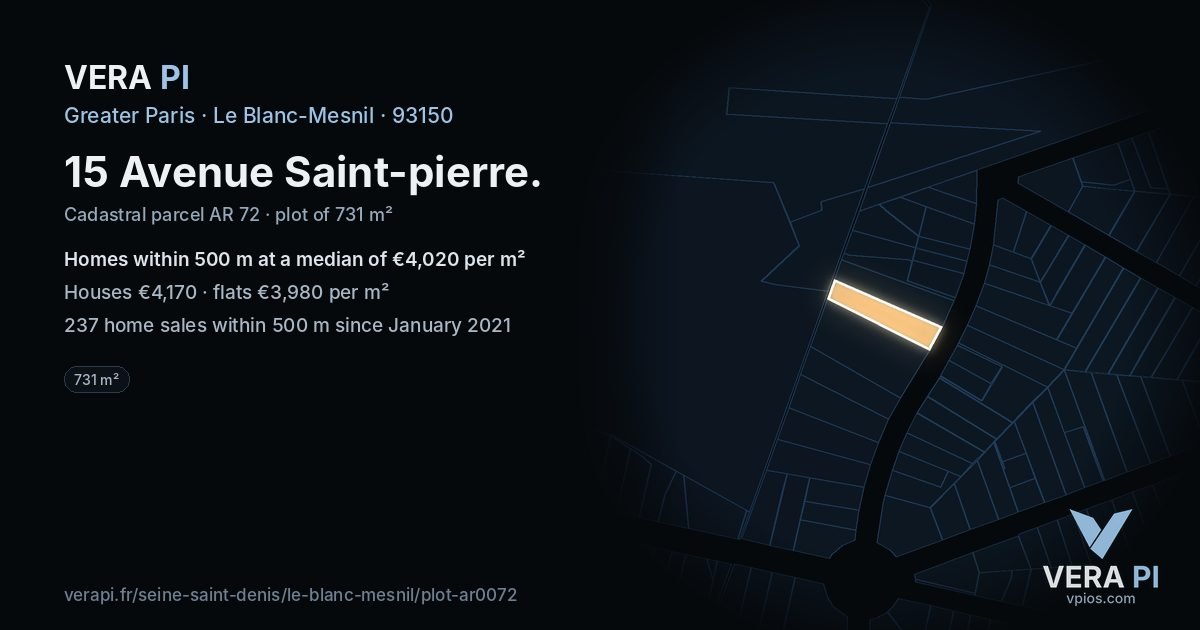 15 Avenue Saint-pierre, Le Blanc-Mesnil at night – the plot lit, the parcels around coloured by the prices near them