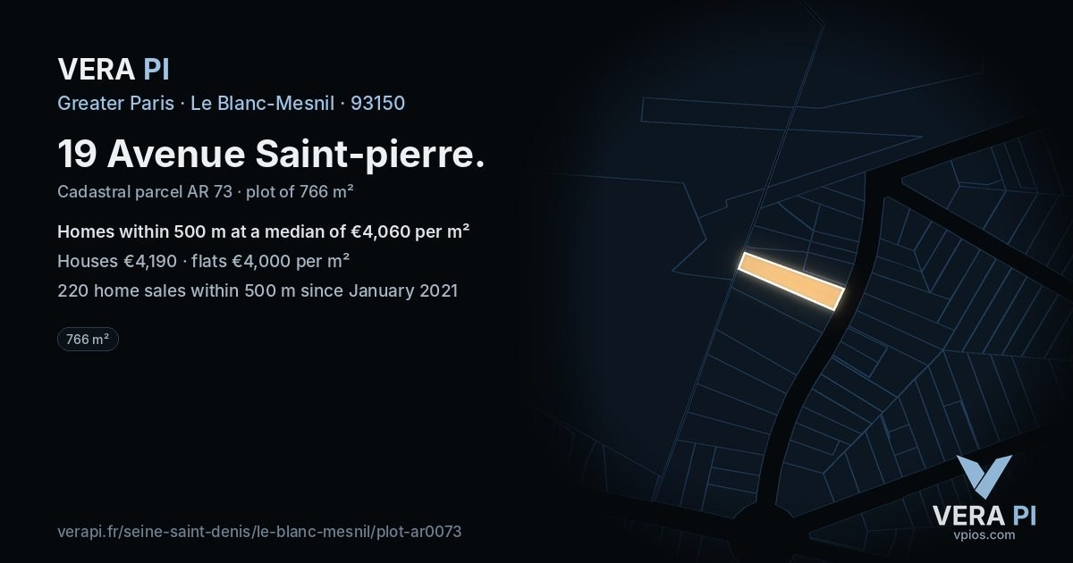 19 Avenue Saint-pierre, Le Blanc-Mesnil at night – the plot lit, the parcels around coloured by the prices near them