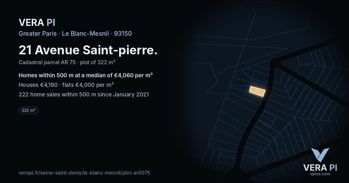 21 Avenue Saint-pierre, Le Blanc-Mesnil at night – the plot lit, the parcels around coloured by the prices near them