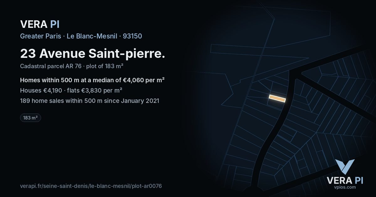 23 Avenue Saint-pierre, Le Blanc-Mesnil at night – the plot lit, the parcels around coloured by the prices near them
