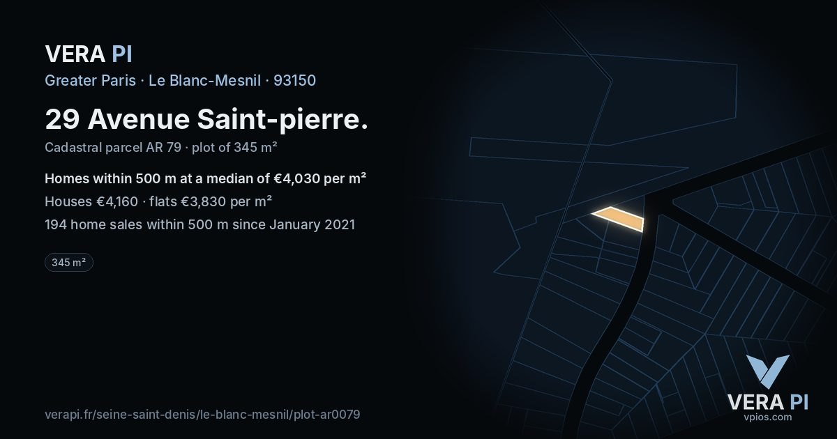 29 Avenue Saint-pierre, Le Blanc-Mesnil at night – the plot lit, the parcels around coloured by the prices near them