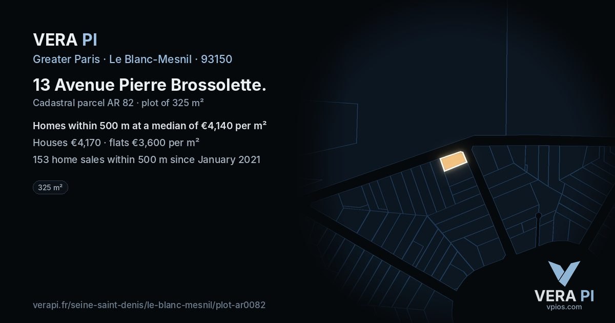 13 Avenue Pierre Brossolette, Le Blanc-Mesnil at night – the plot lit, the parcels around coloured by the prices near them