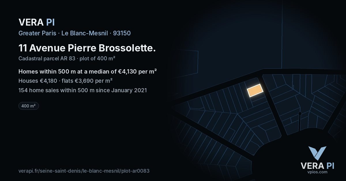 11 Avenue Pierre Brossolette, Le Blanc-Mesnil at night – the plot lit, the parcels around coloured by the prices near them