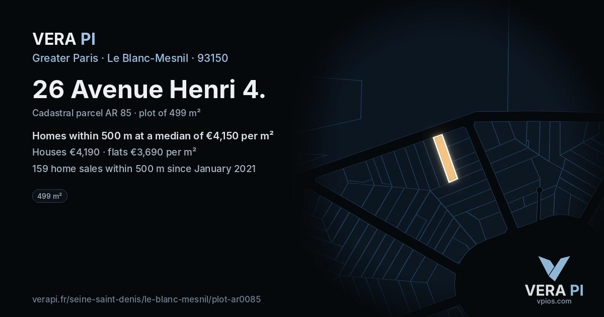 26 Avenue Henri 4, Le Blanc-Mesnil at night – the plot lit, the parcels around coloured by the prices near them