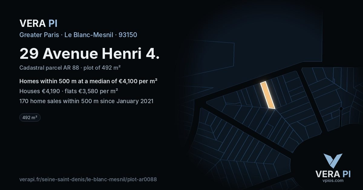 29 Avenue Henri 4, Le Blanc-Mesnil at night – the plot lit, the parcels around coloured by the prices near them