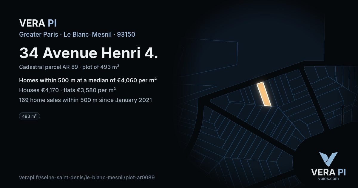 34 Avenue Henri 4, Le Blanc-Mesnil at night – the plot lit, the parcels around coloured by the prices near them