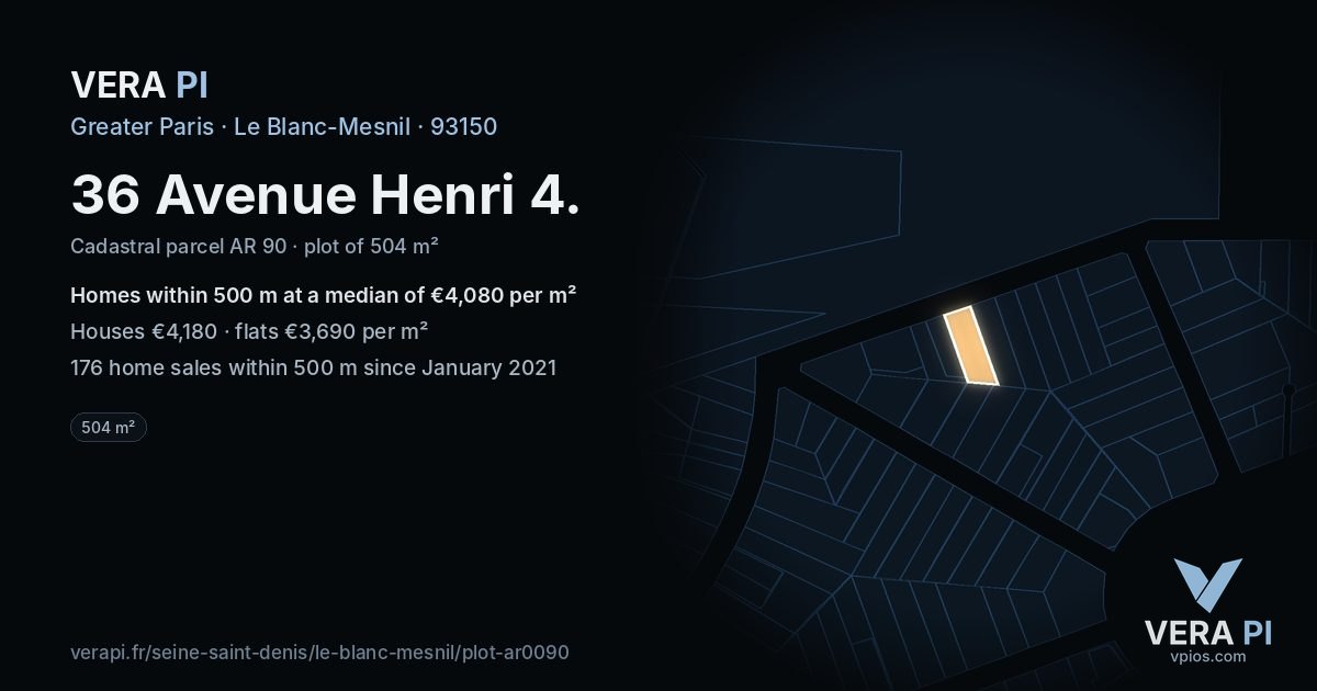 36 Avenue Henri 4, Le Blanc-Mesnil at night – the plot lit, the parcels around coloured by the prices near them