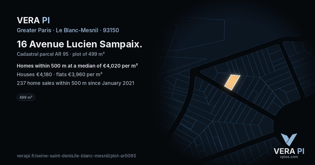16 Avenue Lucien Sampaix, Le Blanc-Mesnil at night – the plot lit, the parcels around coloured by the prices near them