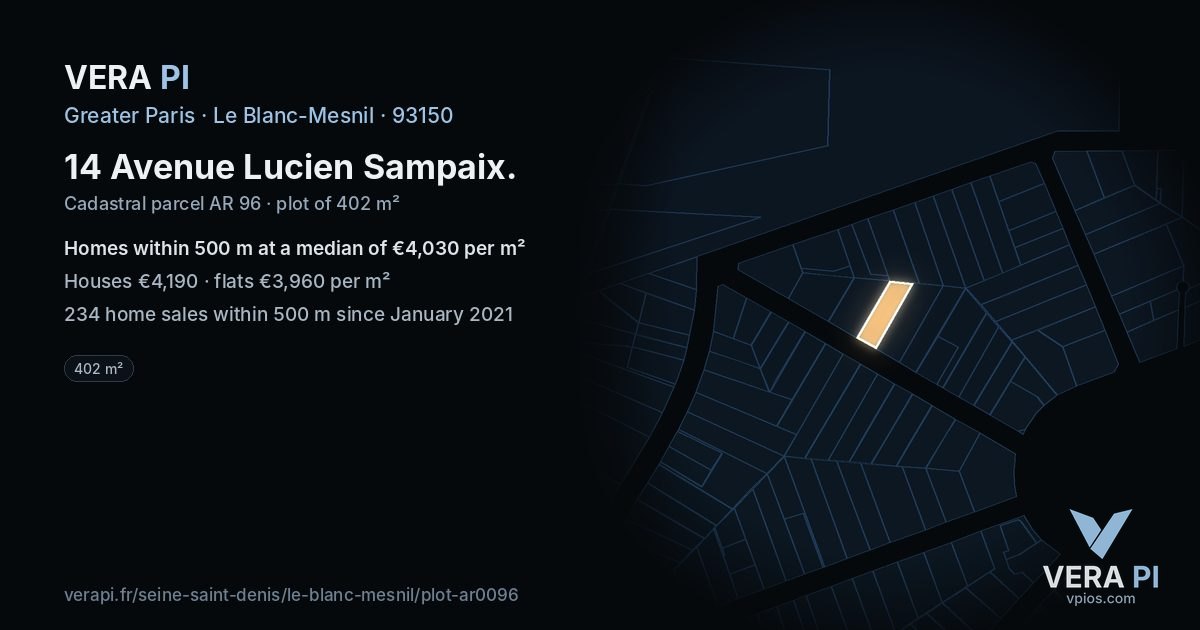14 Avenue Lucien Sampaix, Le Blanc-Mesnil at night – the plot lit, the parcels around coloured by the prices near them