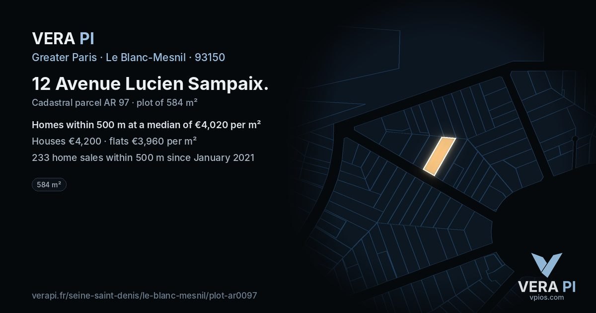 12 Avenue Lucien Sampaix, Le Blanc-Mesnil at night – the plot lit, the parcels around coloured by the prices near them