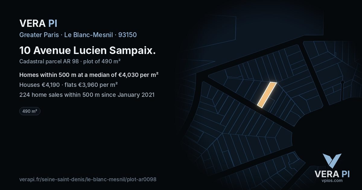 10 Avenue Lucien Sampaix, Le Blanc-Mesnil at night – the plot lit, the parcels around coloured by the prices near them